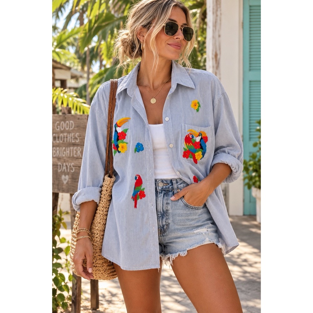 MiLi Designs 1X Embroidered Tropical Parrot Toucan Pinstripe Shirt